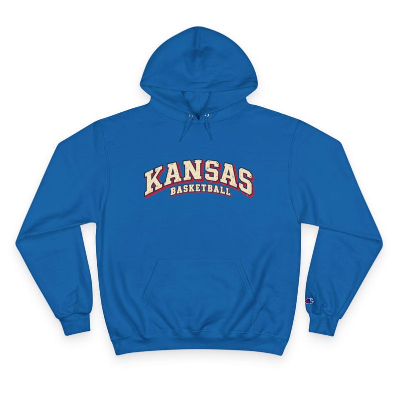 Kansas Basketball Hoodie, Champion Hooded Sweatshirt, Vintage Arch Kansas Hoodie, Royal Blue or Grey, Game Day Sweatshirt, Kansas Fan Gift image 2