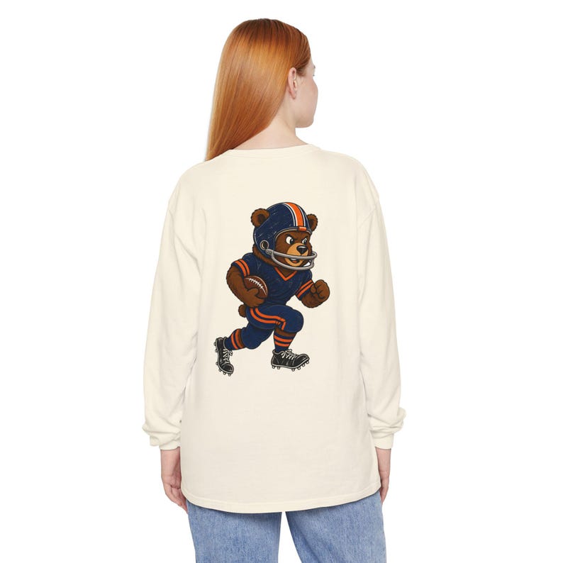 Bears Football Long Sleeve Tee, Retro Mascot Shirt, Comfort Colors Game Day Tee, Navy and Orange Bear Running Back, Football Fan Gift image 6