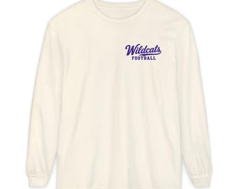 Wildcats Football Long Sleeve Tee, Retro Mascot Shirt, Comfort Colors Game Day Tee, Purple Wildcat Running Back, Football Fan Gift