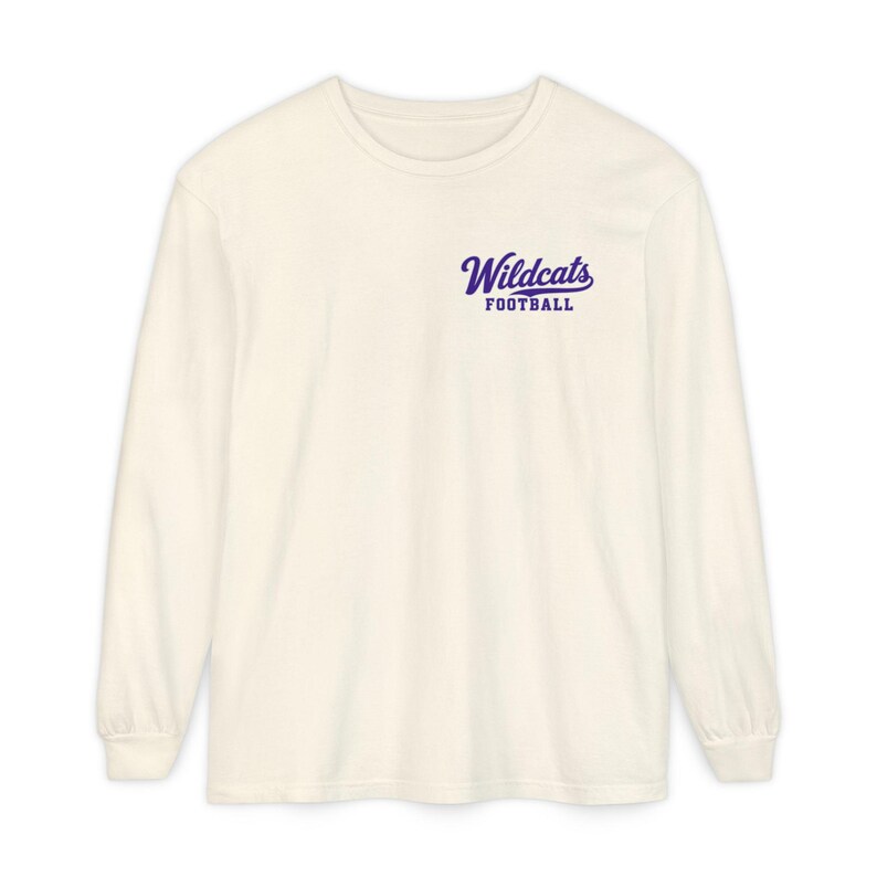 Wildcats Football Long Sleeve Tee, Retro Mascot Shirt, Comfort Colors Game Day Tee, Purple Wildcat Running Back, Football Fan Gift image 1