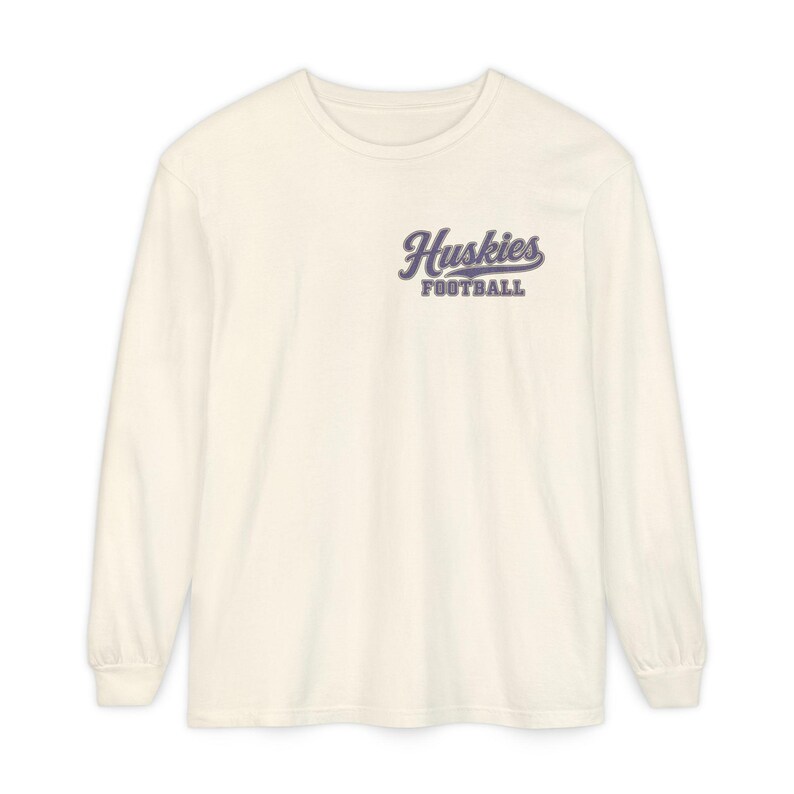 Huskies Football Long Sleeve Tee, Purple and Gold Husky Mascot Shirt, Football Fan Gift, Comfort Colors Game Day Shirt image 1