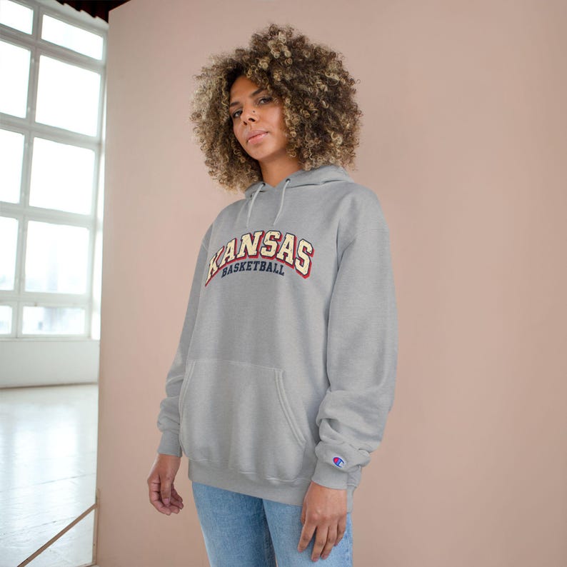 Kansas Basketball Hoodie, Champion Hooded Sweatshirt, Vintage Arch Kansas Hoodie, Royal Blue or Grey, Game Day Sweatshirt, Kansas Fan Gift image 7