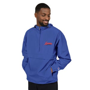 Chaqueta anorak bordada de baloncesto de Kansas, jersey plegable Champion azul, cortavientos con el logo de Kansas, chaqueta para el día del partido, regalo para el aficionado de Kansas imagen 3