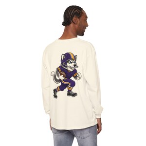 Huskies Football Long Sleeve Tee, Purple and Gold Husky Mascot Shirt, Football Fan Gift, Comfort Colors Game Day Shirt image 4