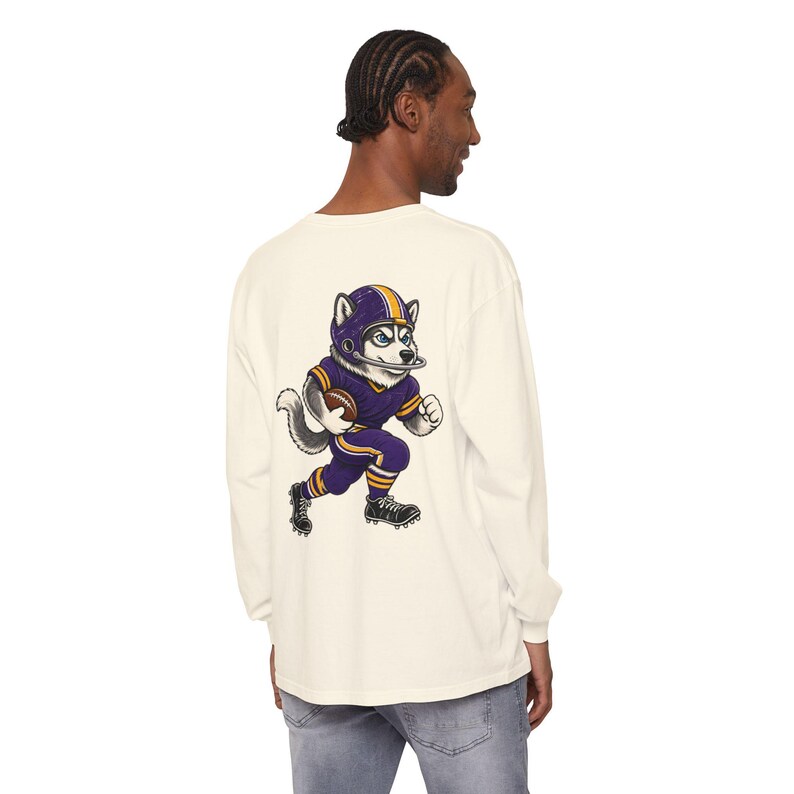 Huskies Football Long Sleeve Tee, Purple and Gold Husky Mascot Shirt, Football Fan Gift, Comfort Colors Game Day Shirt image 4