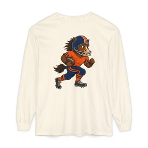 Broncos Football Long Sleeve Tee, Orange and Navy Bronco Mascot Shirt, Football Fan Gift, Comfort Colors Game Day Shirt image 2