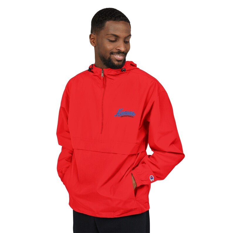Kansas Basketball Embroidered Anorak Jacket, Red Champion Packable Pullover, Kansas Script Windbreaker, Game Day Jacket, Kansas Fan Gift image 2