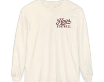 Hogs Football Long Sleeve Tee, Red and White Hog Mascot Shirt, Football Fan Gift, Comfort Colors Game Day Shirt
