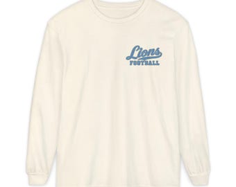 Lions Football Long Sleeve Tee, Retro Mascot Shirt, Comfort Colors Game Day Tee, Blue and Silver Lion Running Back, Football Fan Gift