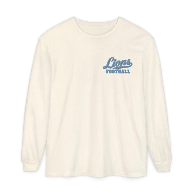 Lions Football Long Sleeve Tee, Retro Mascot Shirt, Comfort Colors Game Day Tee, Blue and Silver Lion Running Back, Football Fan Gift image 1