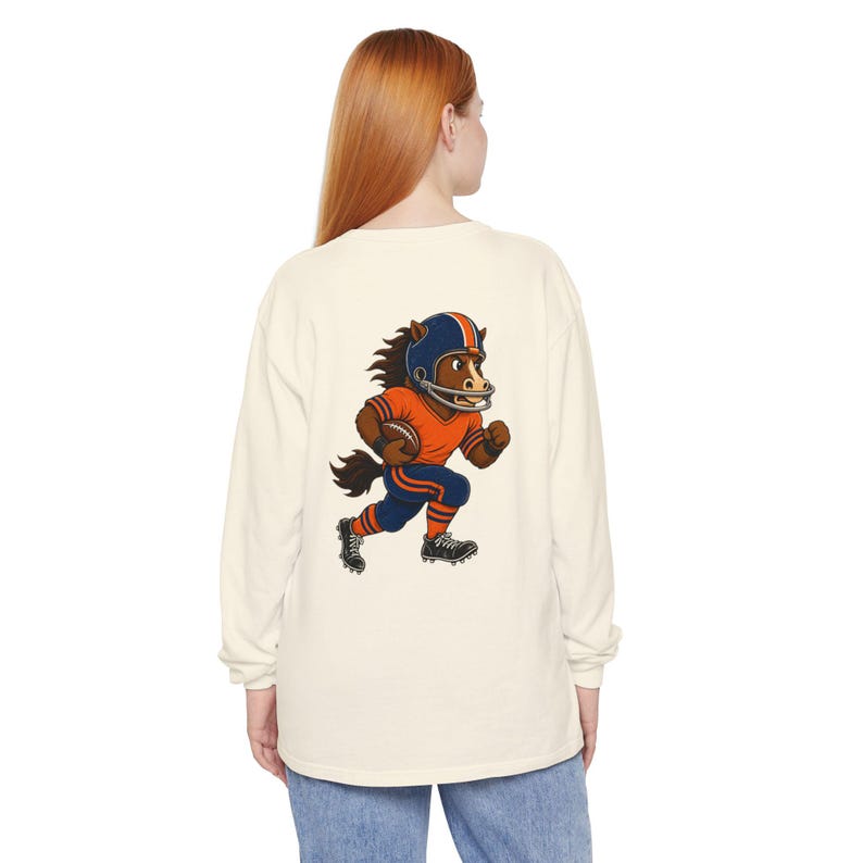Broncos Football Long Sleeve Tee, Orange and Navy Bronco Mascot Shirt, Football Fan Gift, Comfort Colors Game Day Shirt image 6