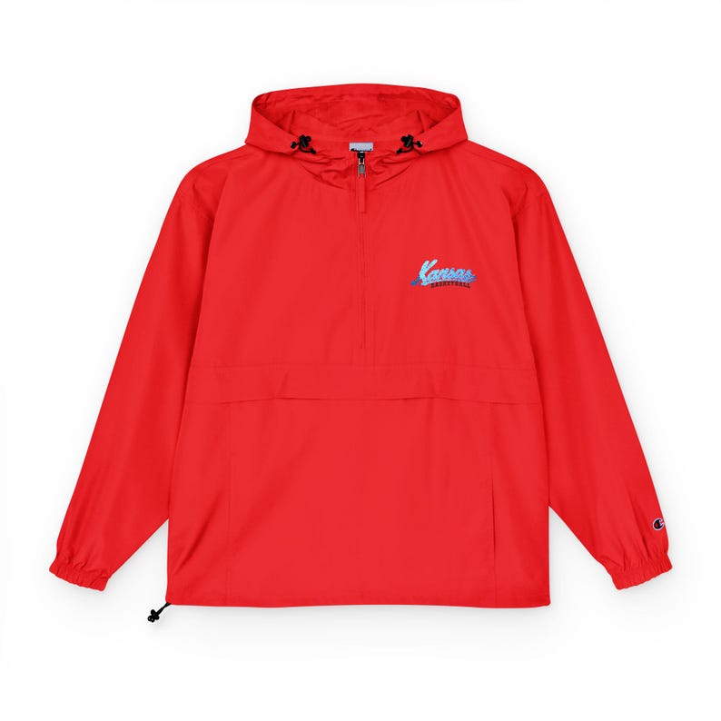 Kansas Basketball Embroidered Anorak Jacket, Red Champion Packable Pullover, Kansas Script Windbreaker, Game Day Jacket, Kansas Fan Gift image 1
