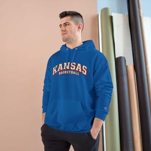 Kansas Basketball Hoodie, Champion Hooded Sweatshirt, Vintage Arch Kansas Hoodie, Royal Blue or Grey, Game Day Sweatshirt, Kansas Fan Gift image 6