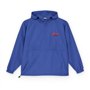 Chaqueta anorak bordada de baloncesto de Kansas, jersey plegable Champion azul, cortavientos con el logo de Kansas, chaqueta para el día del partido, regalo para el aficionado de Kansas imagen 1
