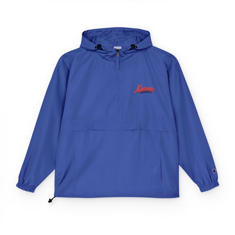 Chaqueta anorak bordada de baloncesto de Kansas, jersey plegable Champion azul, cortavientos con el logo de Kansas, chaqueta para el día del partido, regalo para el aficionado de Kansas imagen 1