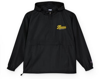 May include: A black quarter-zip hooded windbreaker jacket featuring a drawstring hood, elastic cuffs, and a front kangaroo pocket. The chest displays the yellow embroidered text Missouri Football with a small logo on the left sleeve.