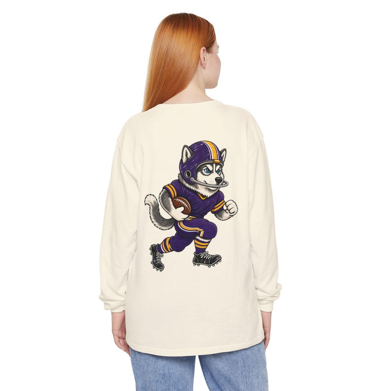 Huskies Football Long Sleeve Tee, Purple and Gold Husky Mascot Shirt, Football Fan Gift, Comfort Colors Game Day Shirt image 6