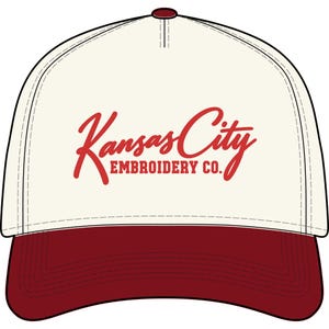 Kansas City Embroidery Co. Hat, Red Script KC Cap, Embroidered Kansas City Hat, Cream and Red Baseball Cap, KC Gift image 2