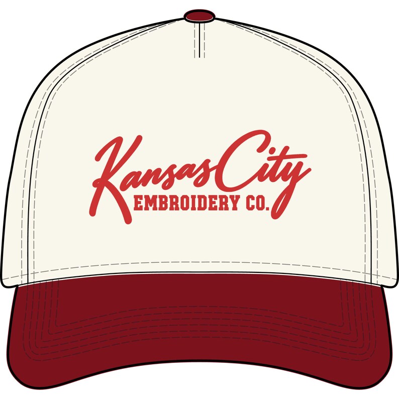 Kansas City Embroidery Co. Hat, Red Script KC Cap, Embroidered Kansas City Hat, Cream and Red Baseball Cap, KC Gift image 2