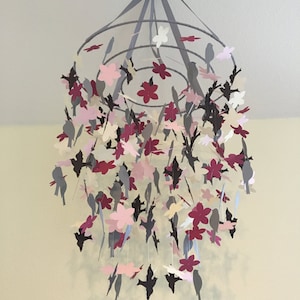 DIY maroon paper bird and flower ceiling mobile, baby mobiles, crib mobiles, nursery mobiles, baby shower gift, photo prop, beautiful bird