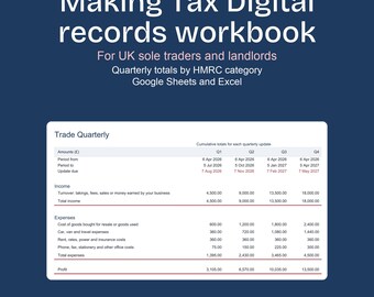 Making Tax Digital Spreadsheet, Sole Trader and Landlord UK Quarterly Records, Google Sheets Excel