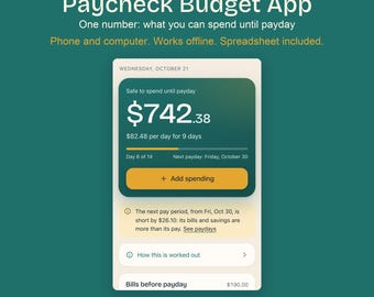 Budget Planner App and Expense Tracker for Phone and Computer, Works Offline, Spreadsheet Included