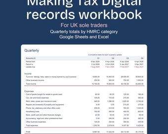 Making Tax Digital Spreadsheet for Sole Traders, UK Quarterly Records, Google Sheets and Excel