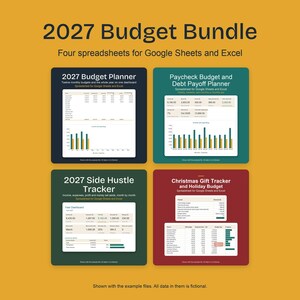 2027 Budget Spreadsheet Bundle, Annual Planner, Paycheck Plan, Side Hustle Income Tracker, Gift List image 1