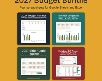 Budget-Tabellenpaket 2027, Jahresplaner, Gehaltsabrechnungsplan, Einkommenstracker für Nebeneinkünfte, Geschenkliste
