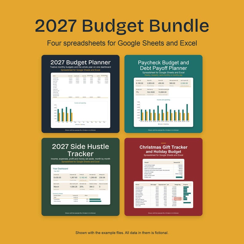 2027 Budget Spreadsheet Bundle, Annual Planner, Paycheck Plan, Side Hustle Income Tracker, Gift List image 1