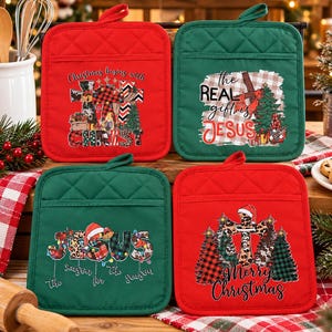 May include: Four square quilted pot holders in red and green. The red ones feature a cross with Christmas patterns and the text Christmas begins with CHRIST or Merry Christmas. The green ones show a cross and trees with the text The REAL gift is JESUS or JESUS the season for the season.