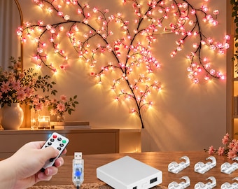Può includere: Una lampada a forma di ramo di ciliegio da parete con fiori LED rosa luminosi. Il set include un alimentatore bianco, un cavo USB con un pulsante blu, un telecomando e diversi ganci adesivi trasparenti per l'installazione.