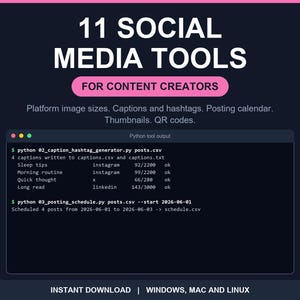 11 Python Social Media Tools, Image Resize Presets Caption and Hashtag Generator Posting Schedule ICS Calendar QR Code Maker Quote Cards