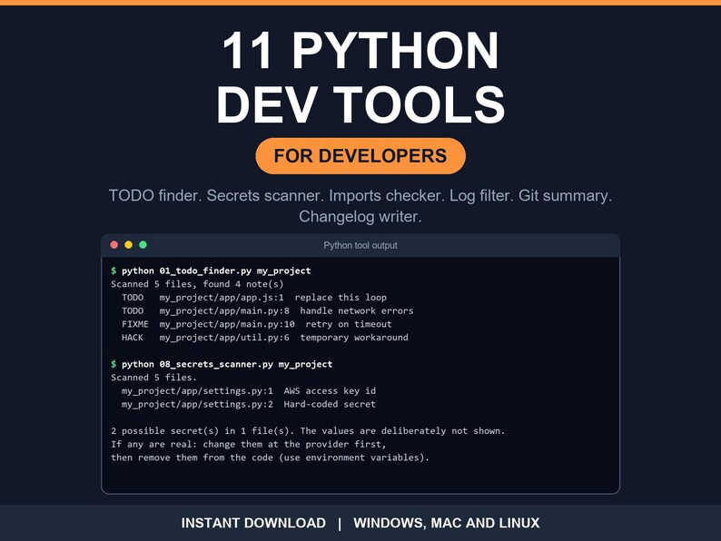 11 Python Developer Utilities, TODO Finder Project Scaffolder Secrets Scanner Git Summary Log Filter Line Counter Imports Checker image 1