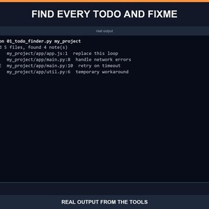 11 Python Developer Utilities, TODO Finder Project Scaffolder Secrets Scanner Git Summary Log Filter Line Counter Imports Checker image 4