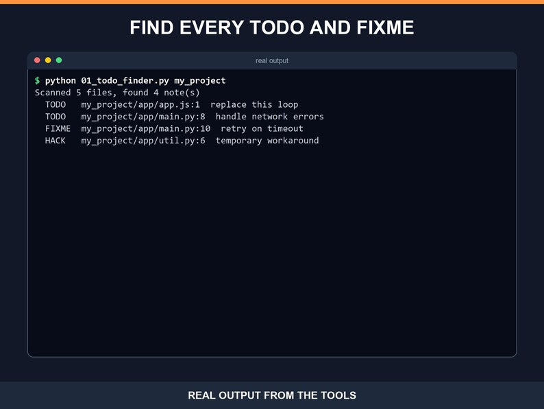11 Python Developer Utilities, TODO Finder Project Scaffolder Secrets Scanner Git Summary Log Filter Line Counter Imports Checker image 4
