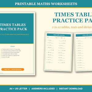 Times Tables Practice Worksheets Printable, 2 to 12 Times Tables, KS2 Maths Multiplication and Division Facts, Instant Download PDF A4