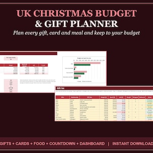 UK Christmas Budget Planner Spreadsheet, Gift List and Tracker, Christmas Cards List, Food Shopping List, Countdown Excel