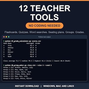 12 Python Teacher Tools, Flashcard Maker Quiz Generator Word Search Seating Plan Group Maker Grade Calculator, Classroom Scripts