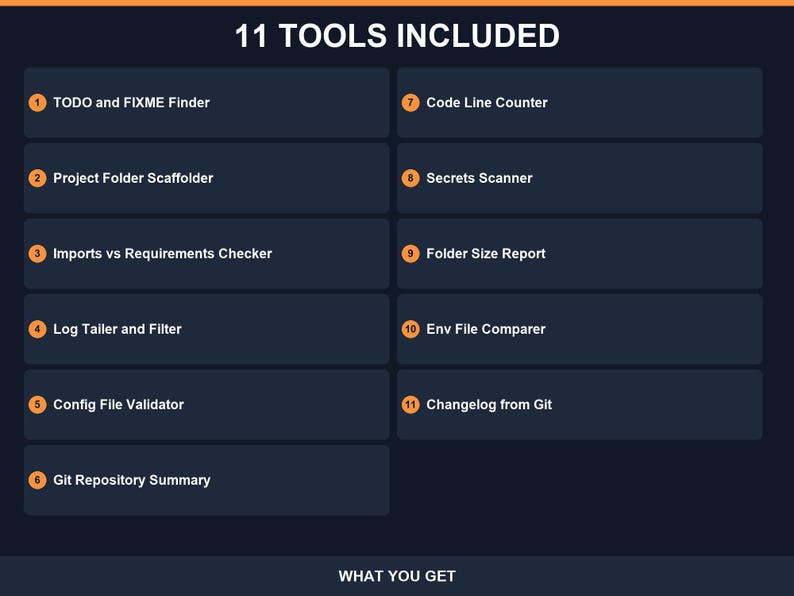 11 Python Developer Utilities, TODO Finder Project Scaffolder Secrets Scanner Git Summary Log Filter Line Counter Imports Checker image 2