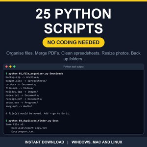 Python自動化スクリプト25個、ファイルオーガナイザー、PDFツール、CSV、Excel、画像リサイズ、バックアップ、すぐに実行できるPythonスクリプトバンドル