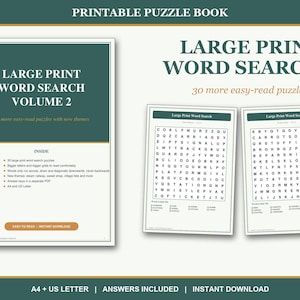 Large Print Word Search Volume 2, 30 Easy Puzzles for Seniors, Printable Activity for Adults, Nostalgia Themes, Instant Download PDF
