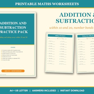 Addition and Subtraction Worksheets Printable, Adding and Taking Away to 10 and 20, KS1 Maths, Number Bonds, Instant Download PDF A4
