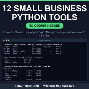 12 Python Tools for Freelancers & Small Business, Invoice Maker Quote Template VAT Report Mileage Log, CSV to PDF