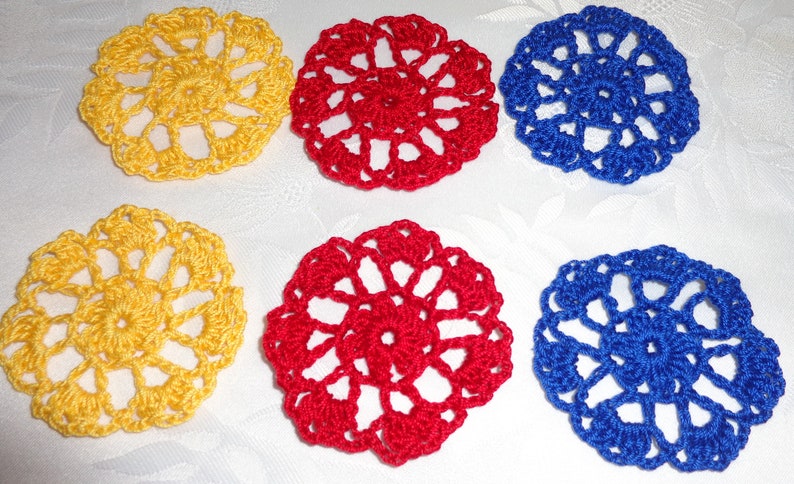 Set of 6 Crocheted Flower Mandala Applique width 2.5 / Crochet Applique for Clips, Jewelry, Earrings, or Clothes / Crochet Flower image 6