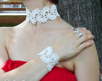 Bridal Lace Crochet Necklace and Bracelet Set / Antique White Chocker / Boho Chocker & Braselet / Vintage Inspired Wedding / Bridal Jewelry