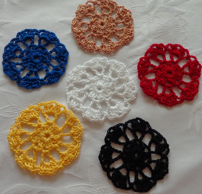 Set of 6 Crocheted Flower Mandala Applique width 2.5 / Crochet Applique for Clips, Jewelry, Earrings, or Clothes / Crochet Flower image 1