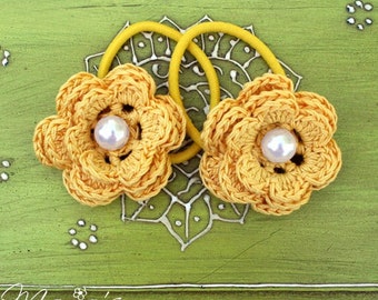 Flower Girl Accessories Wedding / Crochet Flower Ponytail Bands for Girls / Girl Hair / Crochet Ponytail Holder / Set of 2
