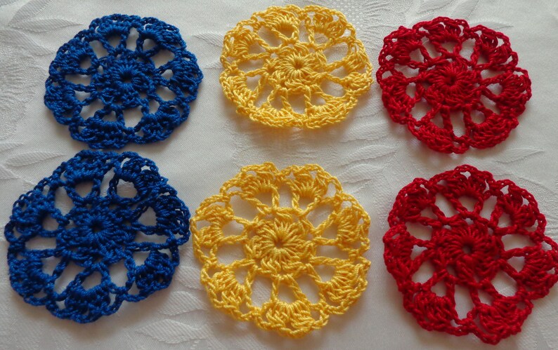 Set of 6 Crocheted Flower Mandala Applique width 2.5 / Crochet Applique for Clips, Jewelry, Earrings, or Clothes / Crochet Flower image 3