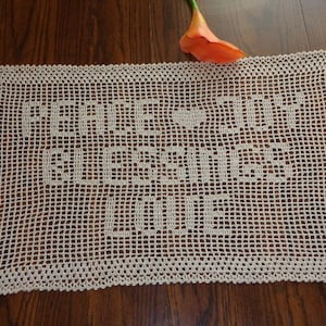 Custom Designed Crochet Holiday Table Runner / Vintage Inspired Decor / Lacy Christmas Table Runner / Peace Joy Blessings Love Lacy Doily